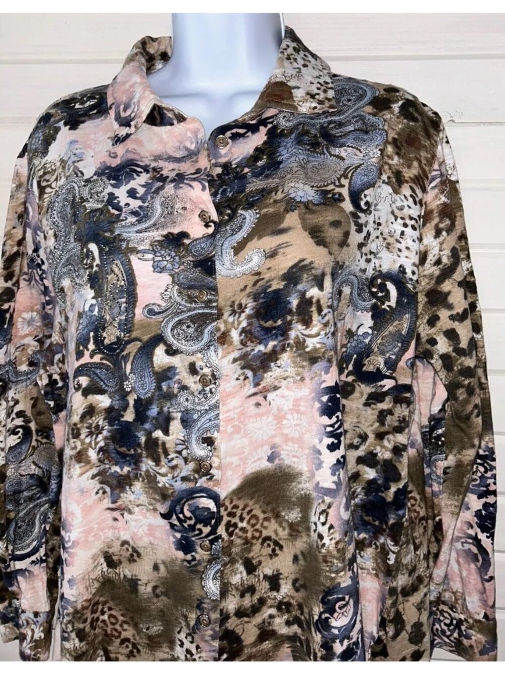 Soft Surroundings Sz XL Wild Side Tunic Top Rhinestones 100% Cotton Button EUC